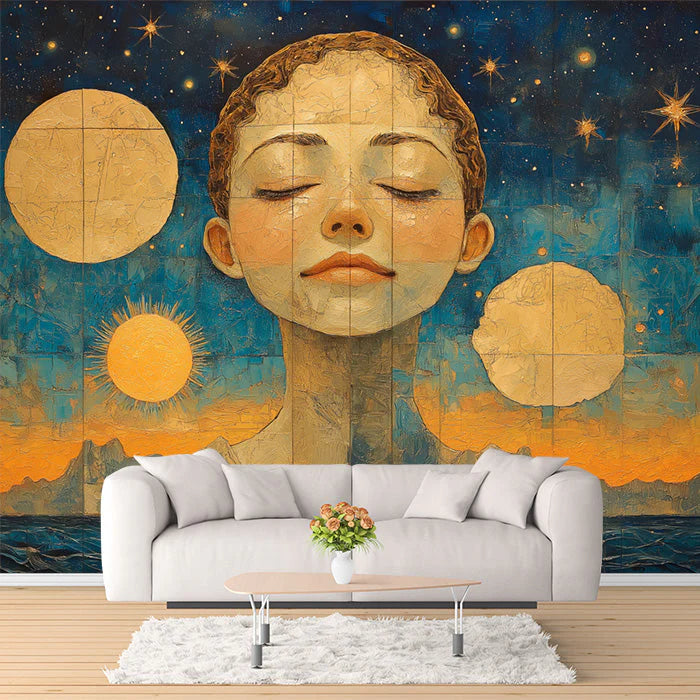Moon and Faces Mural Wallpaper in a Lounge Various Colors (Blue, Yellow, etc.) Moon and Faces Mural Wallpaper