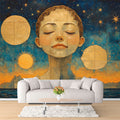 Moon and Faces Mural Wallpaper in a Lounge Various Colors (Blue, Yellow, etc.) Moon and Faces Mural Wallpaper - pure wallpaper artwork