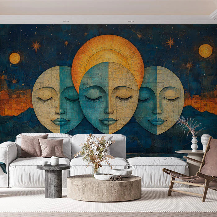 Moon and Faces Mural Wallpaper in Living room Various Colors (Blue, Yellow, etc.) Moon and Faces Mural Wallpaper - pure wallpaper artwork