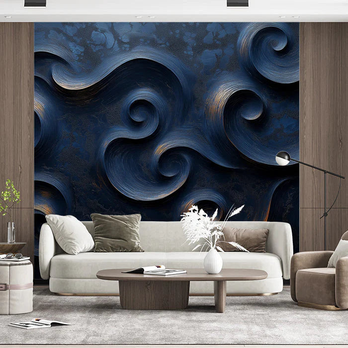 Dark Swirl Mural Wallpaper in Living Room Dark Blue Dark Swirl for a living room Mural Wallpaper