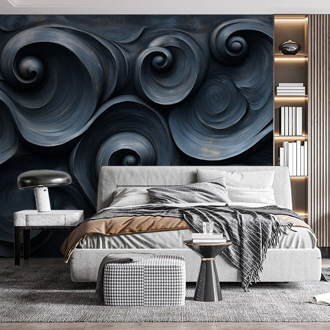 Dark Swirl Mural Wallpaper in Bed Room Dark Blue Dark Swirl Mural Wallpaper