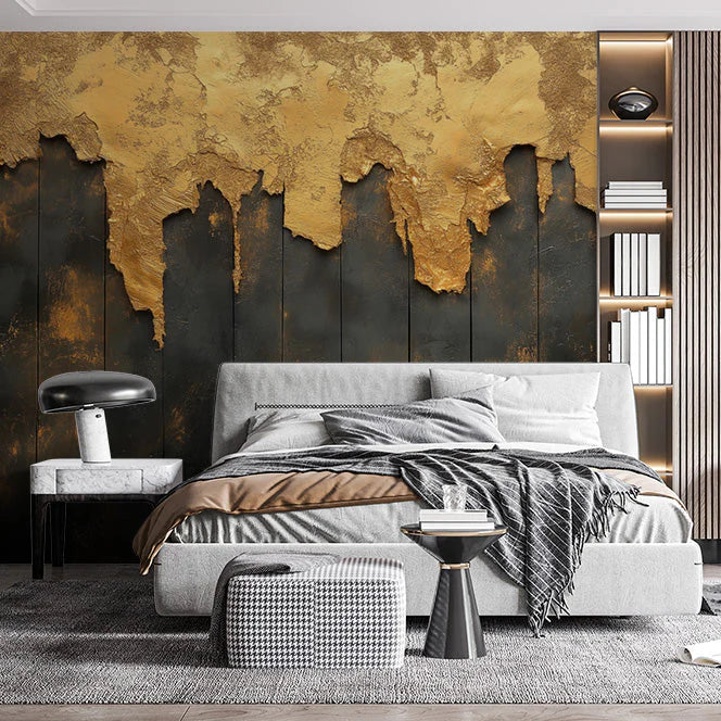 Gold and Black Mural Wallpaper in Bedroom Gold and Black Wooden Board Mural Wallpaper
