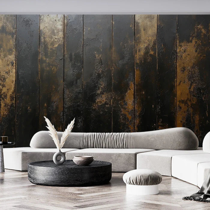 Black and Gold Panel Mural Wallpaper in Living Room Black and Gold Wooden Panel Mural Wallpaper