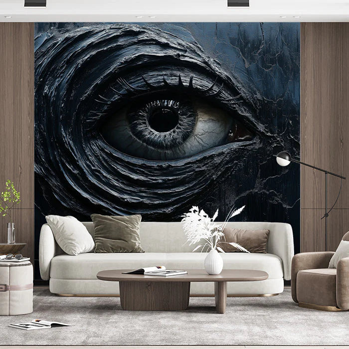 Giant Eye Mural Wallpaper in Living Room Dark Blue and Black Eye with sculpture Mural Wallpaper