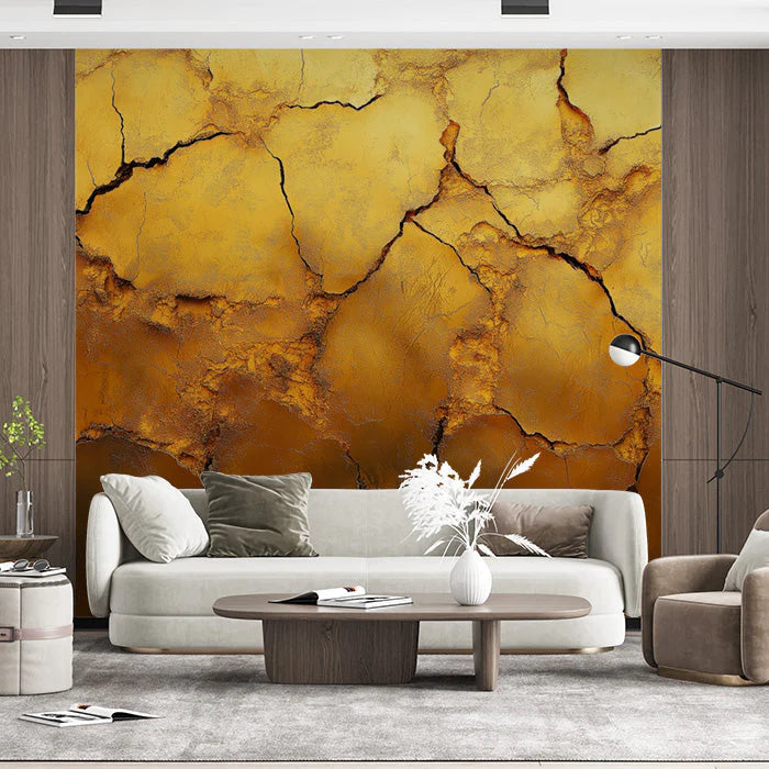 Cracked Gold Mural Wallpaper in Living Room Gold and Brown Surface Mural Wallpaper