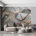 Geometric Marble and Gold Mural Wallpaper in Living Room Gray, Gold Marble Mural Wallpaper - pure wallpaper artwork