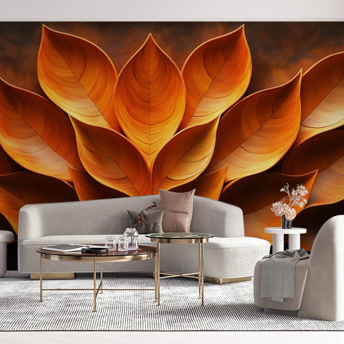 Giant Orange Leaf Mural Wallpaper in Living Room Various Shades of Orange Leaves Mural Wallpaper