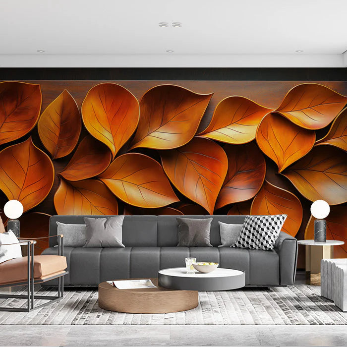 Giant Orange Leaf Mural Wallpaper in Living Room Various Shades of Orange Leaves Mural Wallpaper - pure wallpaper artwork