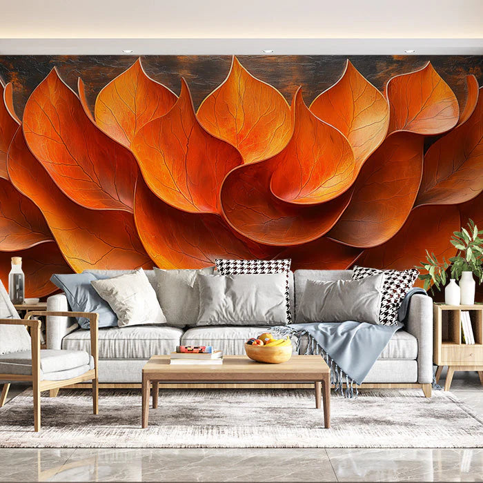Giant Orange Leaf Mural Wallpaper in Living Room Various Shades of Orange Leaves Mural Wallpaper - pure wallpaper artwork