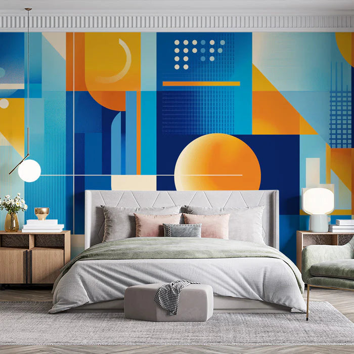Geometric and Abstract Mural Wallpaper in a bedroom Various Colors (Blue, Orange, etc.) of Graphs Mural Wallpaper