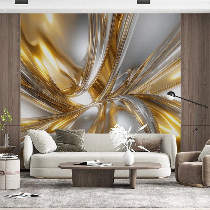 Gold and Silver Fluid Mural Wallpaper in Living Room Gold, Silver, and Gray Fluid Mural Wallpaper - pure wallpaper artwork