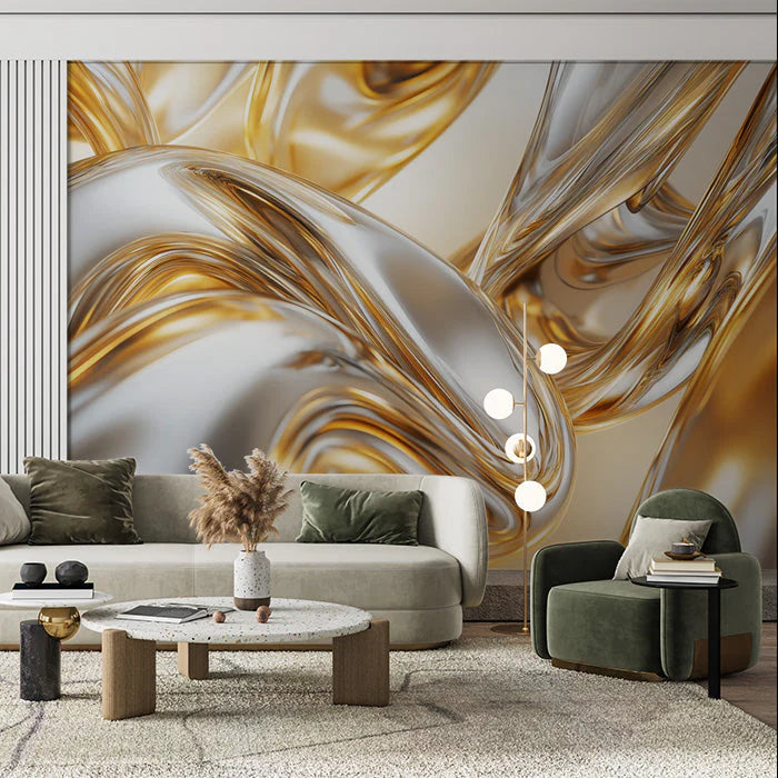 Gold and Silver Fluid Mural Wallpaper in Living Room Gold, Silver, and Gray Fluid Mural Wallpaper