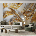 Gold and Silver Fluid Mural Wallpaper in Living Room Gold, Silver, and Gray Fluid Mural Wallpaper - pure wallpaper artwork