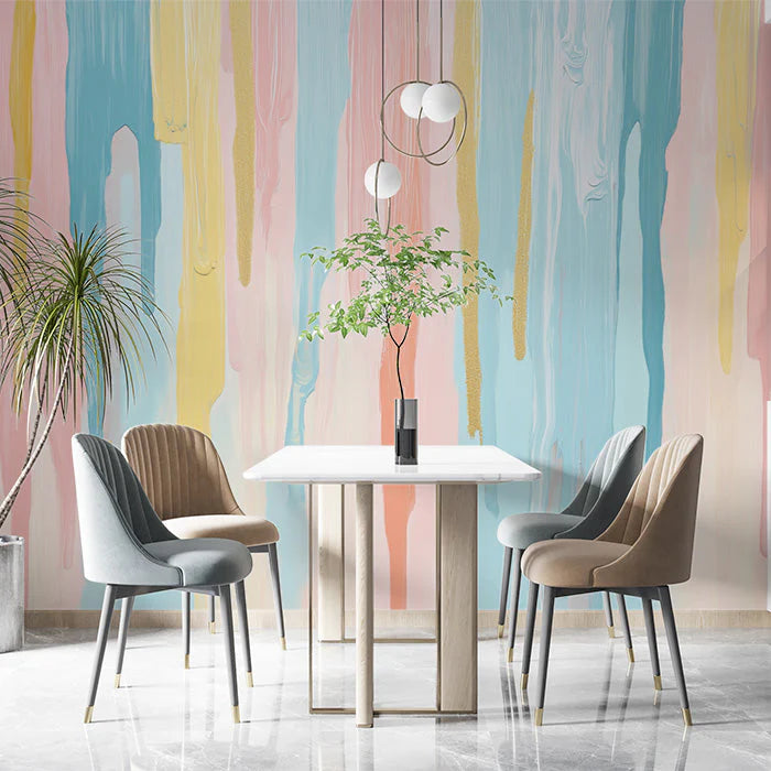 Pastel Drip Mural Wallpaper in Dining Room Various Pastel Colors (Pink, Blue, Yellow, etc.) of Drip Mural Wallpaper
