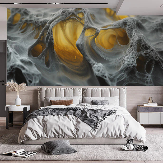 Black and Gold Marble-like Mural Wallpaper in Bedroom Black, Gold of Marble-like Mural Wallpaper - pure wallpaper artwork