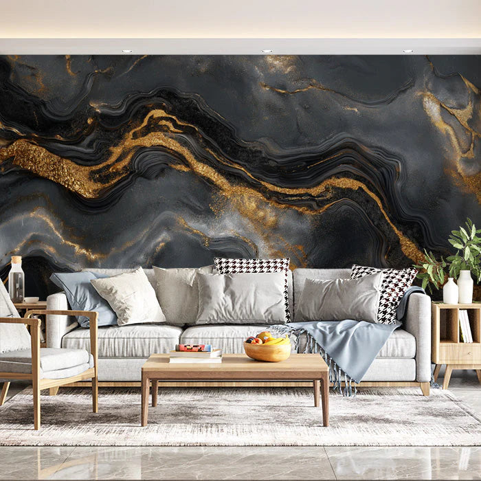 Black and Gold Marble Vein Mural Wallpaper in Living Room Black, Gold Marble Vein Mural Wallpaper