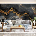 Black and Gold Marble Vein Mural Wallpaper in Living Room Black, Gold Marble Vein Mural Wallpaper - pure wallpaper artwork