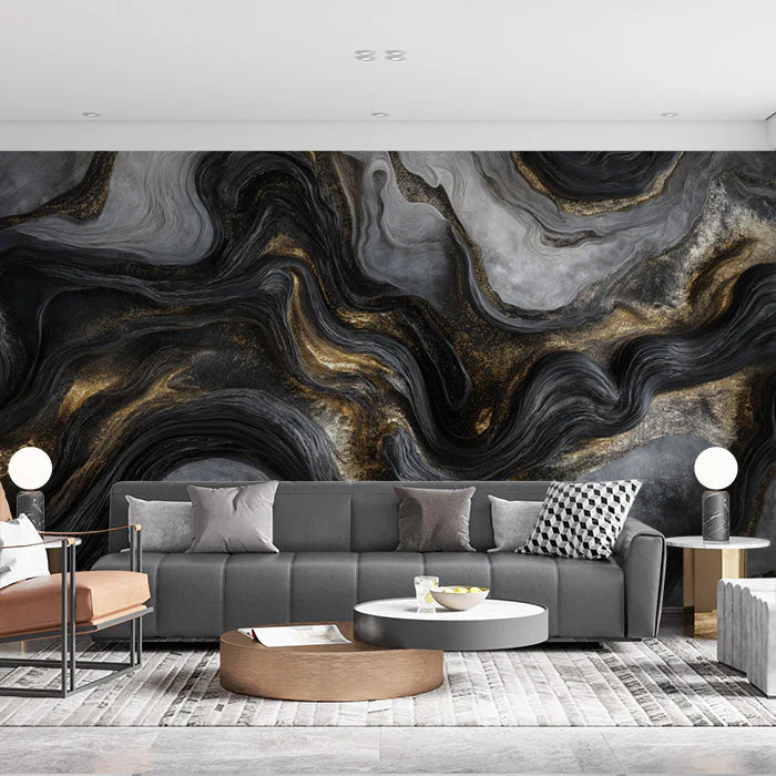 Black and Gold Marble Vein Mural Wallpaper in Living Room Black, Gold Marble Vein Mural Wallpaper - pure wallpaper artwork