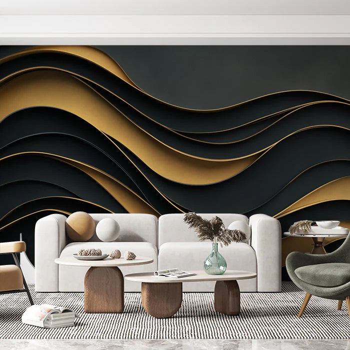 Black and Gold Wave Mural Wallpaper in Living Room Black and Gold Wave Mural Wallpaper - pure wallpaper artwork