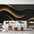 Black and Gold Wave Mural Wallpaper in Living Room Black and Gold Wave Mural Wallpaper - pure wallpaper artwork