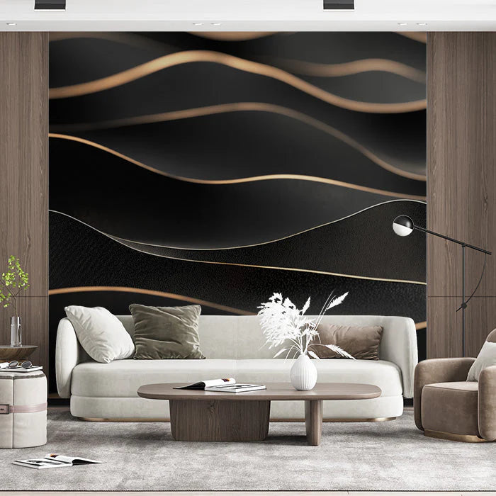 Black and Gold Wave Mural Wallpaper in Living Room Black and Gold Wave Mural Wallpaper