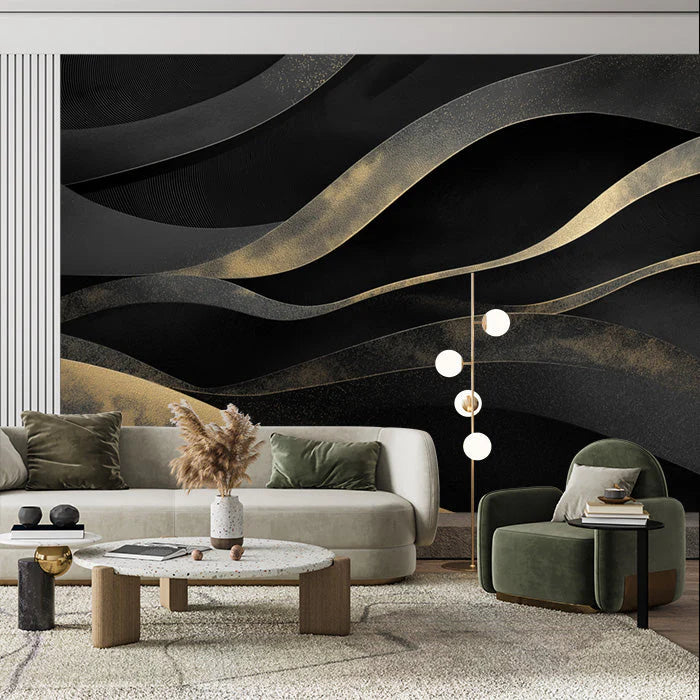 Black and Gold Wave Mural Wallpaper in Living Room Black and Gold Wave Mural Wallpaper - pure wallpaper artwork