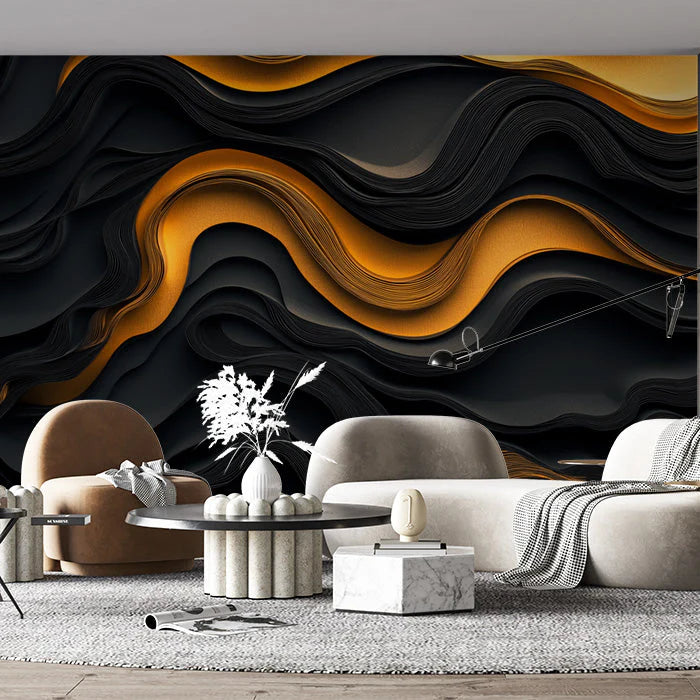 Black and Gold Wave Mural Wallpaper in Living Room Black and Gold Wave Mural Wallpaper