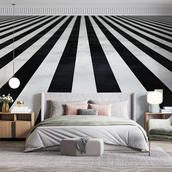 Black and White Stripe Mural Wallpaper in Bedroom Black and White Stripe Mural Wallpaper - pure wallpaper artwork