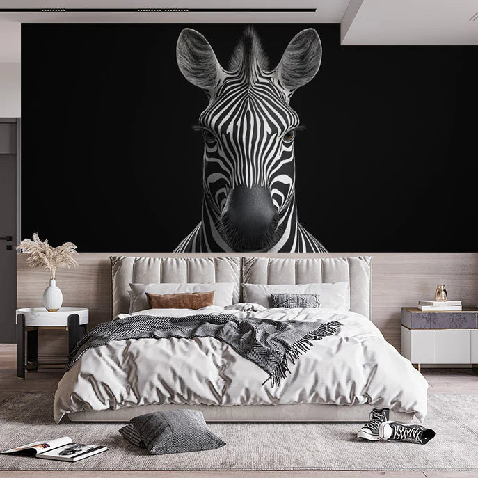 Zebra Head Mural Wallpaper in Bedroom Black and White Zebra Mural Wallpaper - pure wallpaper artwork