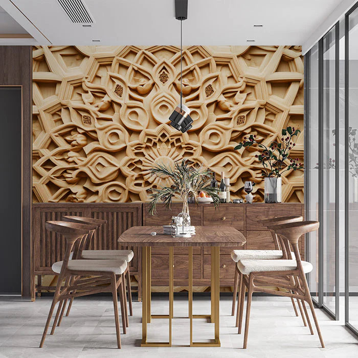 Wooden Mandala Mural Wallpaper in Dining Room Various Shades of Brown Mandala for Buddhism Mural Wallpaper