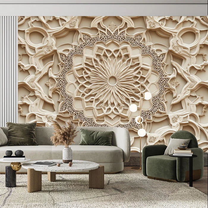 Wooden Mandala Mural Wallpaper in Dining Room Various Shades of Brown Mandala for Buddhism Mural Wallpaper - pure wallpaper artwork