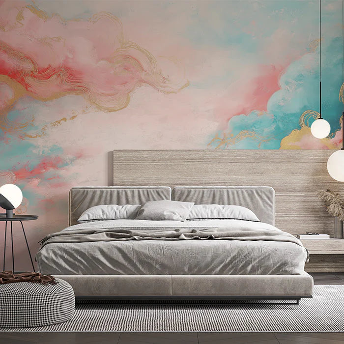 Colorful Cloud and Wave Mural Wallpaper in Bedroom Various Colors (Pink, Blue, Gold, etc.) of Clouds Mural Wallpaper