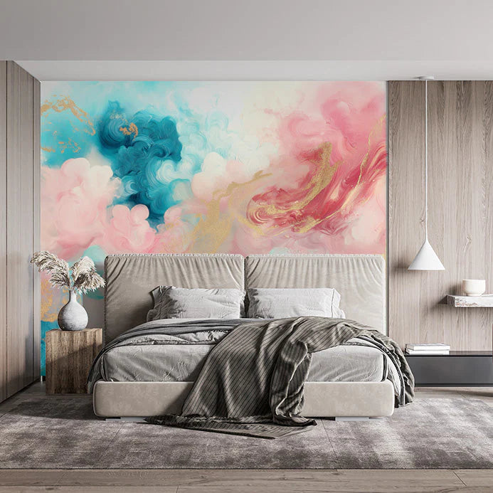 Colorful Cloud and Wave Mural Wallpaper in Bedroom Various Colors (Pink, Blue, Gold, etc.) of Clouds Mural Wallpaper - pure wallpaper artwork