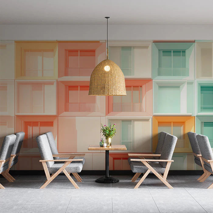 Colorful Building Facade Mural Wallpaper in Café Area Various Colors (Orange, Green, etc.) of Building Mural Wallpaper - pure wallpaper artwork
