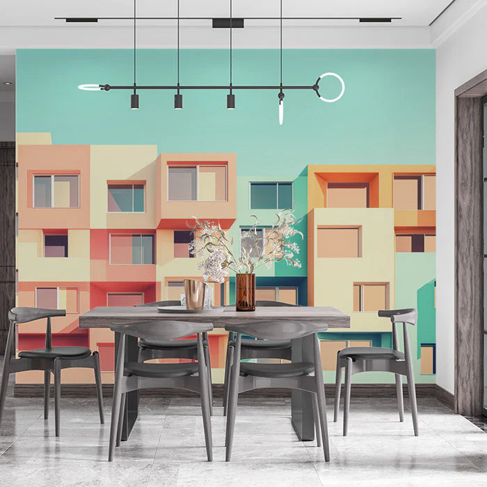Colorful Building Facade Mural Wallpaper in Dining Area Various Colors (Orange, Green, etc.) of Building Mural Wallpaper