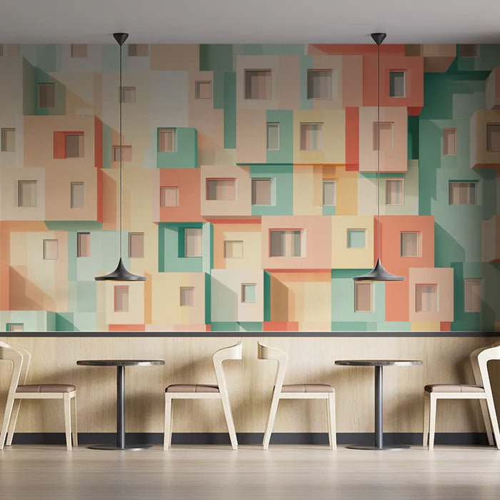 Colorful Building Facade Mural Wallpaper in Café Area Various Colors (Orange, Green, etc.) of Building Mural Wallpaper - pure wallpaper artwork