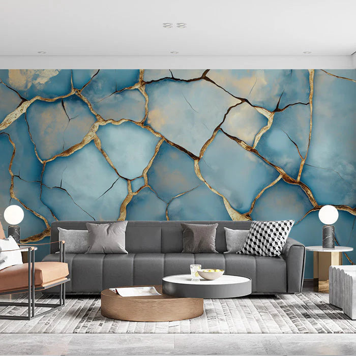 Blue and Gold Cracked Mural Wallpaper in Living Room Blue and Gold Crack Mural Wallpaper