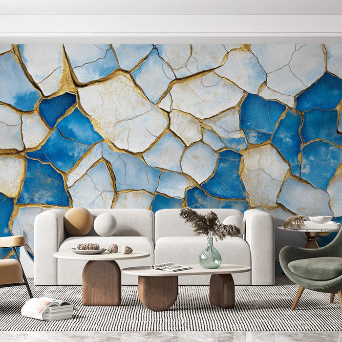 Blue and Gold Cracked Mural Wallpaper in Living Room Blue and Gold Crack Mural Wallpaper - pure wallpaper artwork