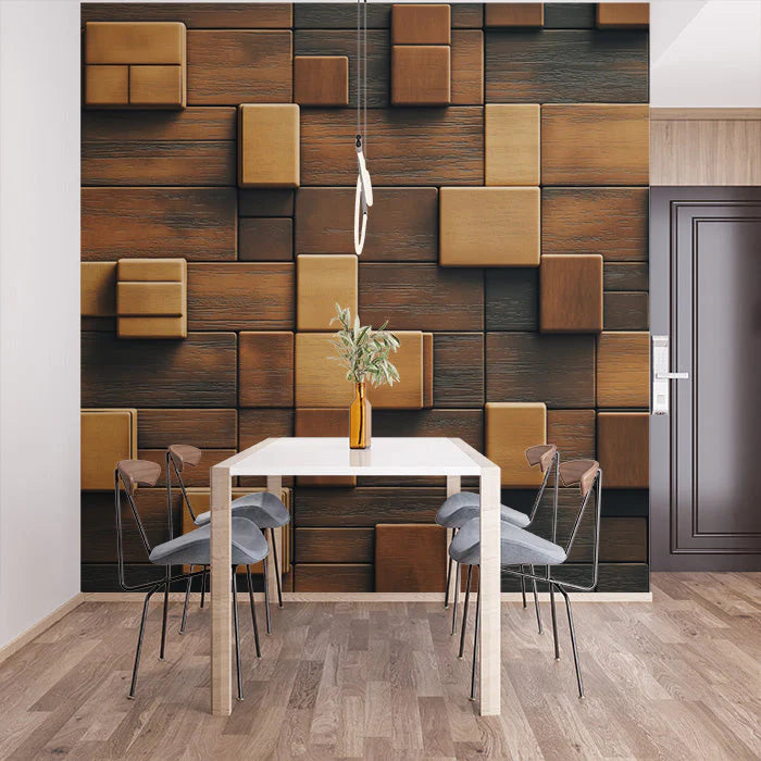 Wooden Cube Mural Wallpaper in Dining Room Various Shades of Brown Wooden Cube Mural Wallpaper