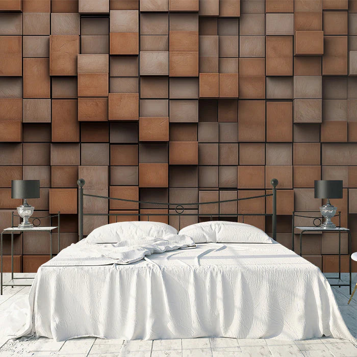 Wooden Cube Mural Wallpaper in BedRoom Various Shades of Brown Wooden Cube Mural Wallpaper - pure wallpaper artwork