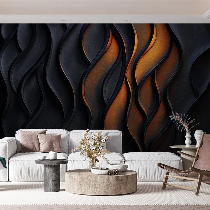 Black and Orange Wave Mural Wallpaper in Home office Black and Orange Wave Mural Wallpaper