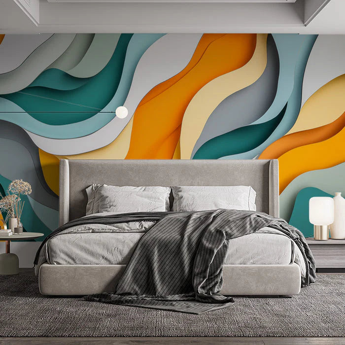 Colorful Wave Mural Wallpaper in Bedroom Various Colors (Green, Orange, etc.) of Wave Mural Wallpaper - pure wallpaper artwork