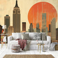 Vintage Silhouette Empire State Building Mural Muted Tones and Sunset Orange Mural Wallpaper - pure wallpaper artwork