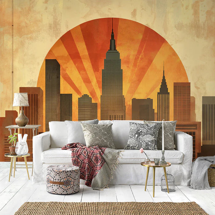 Art Deco Sunset Empire State Building Mural Golden Orange and Urban Silhouette Mural Wallpaper