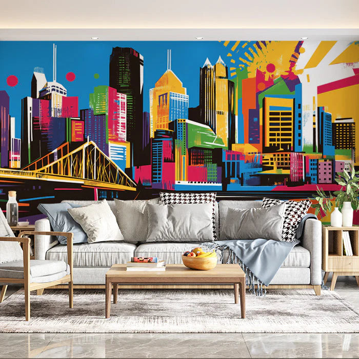 Empire State Building Pop Art Mural Electric Blue, Pink, and Gold Mural Wallpaper - pure wallpaper artwork