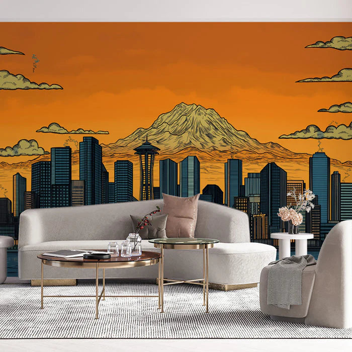 Vibrant Seattle Skyline & Mount Rainier Mural Sunset Orange and Urban Hues Mural Wallpaper - pure wallpaper artwork