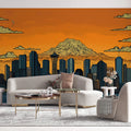 Vibrant Seattle Skyline & Mount Rainier Mural Sunset Orange and Urban Hues Mural Wallpaper - pure wallpaper artwork