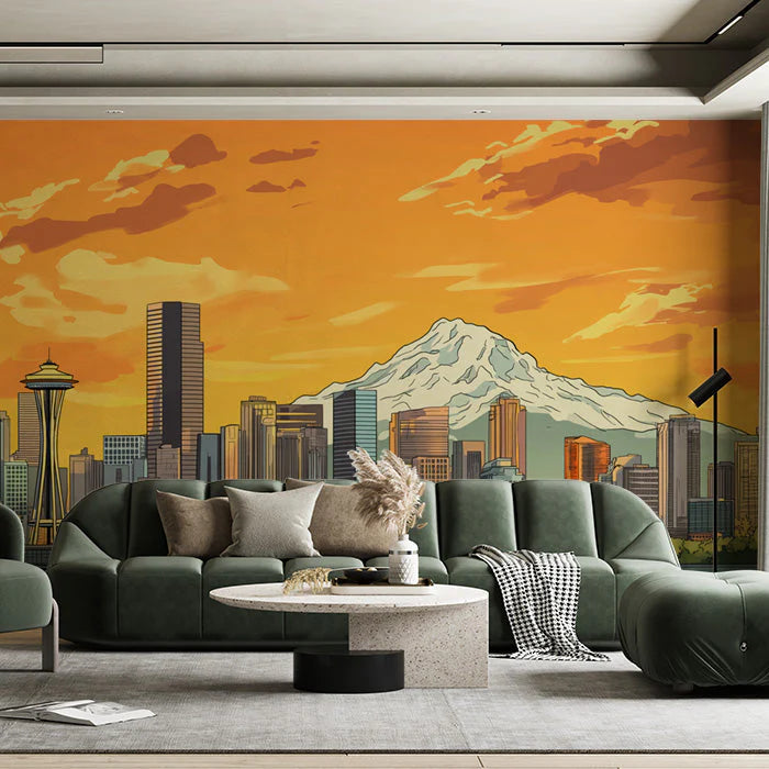 Vibrant Seattle Skyline & Mount Rainier Mural Sunset Orange and Urban Hues Mural Wallpaper - pure wallpaper artwork