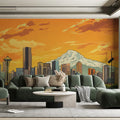 Vibrant Seattle Skyline & Mount Rainier Mural Sunset Orange and Urban Hues Mural Wallpaper - pure wallpaper artwork