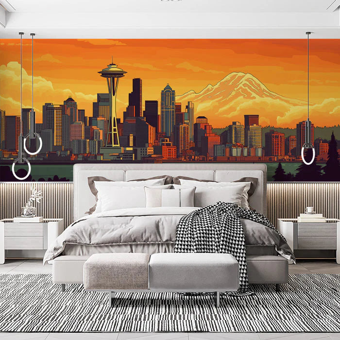 Seattle Skyline Mural Wallpaper Urban Teal, Grey, and Gold Hues Mural Wallpaper